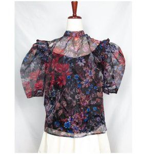 NWOT 🌼 Anthropologie Maeve Organza Blouse Black Motif Floral Small